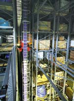 株式会社モテギ殿　高さ20mのRB。荷物用エレベータを設けず、3階倉庫への上下階搬送機としても活用。